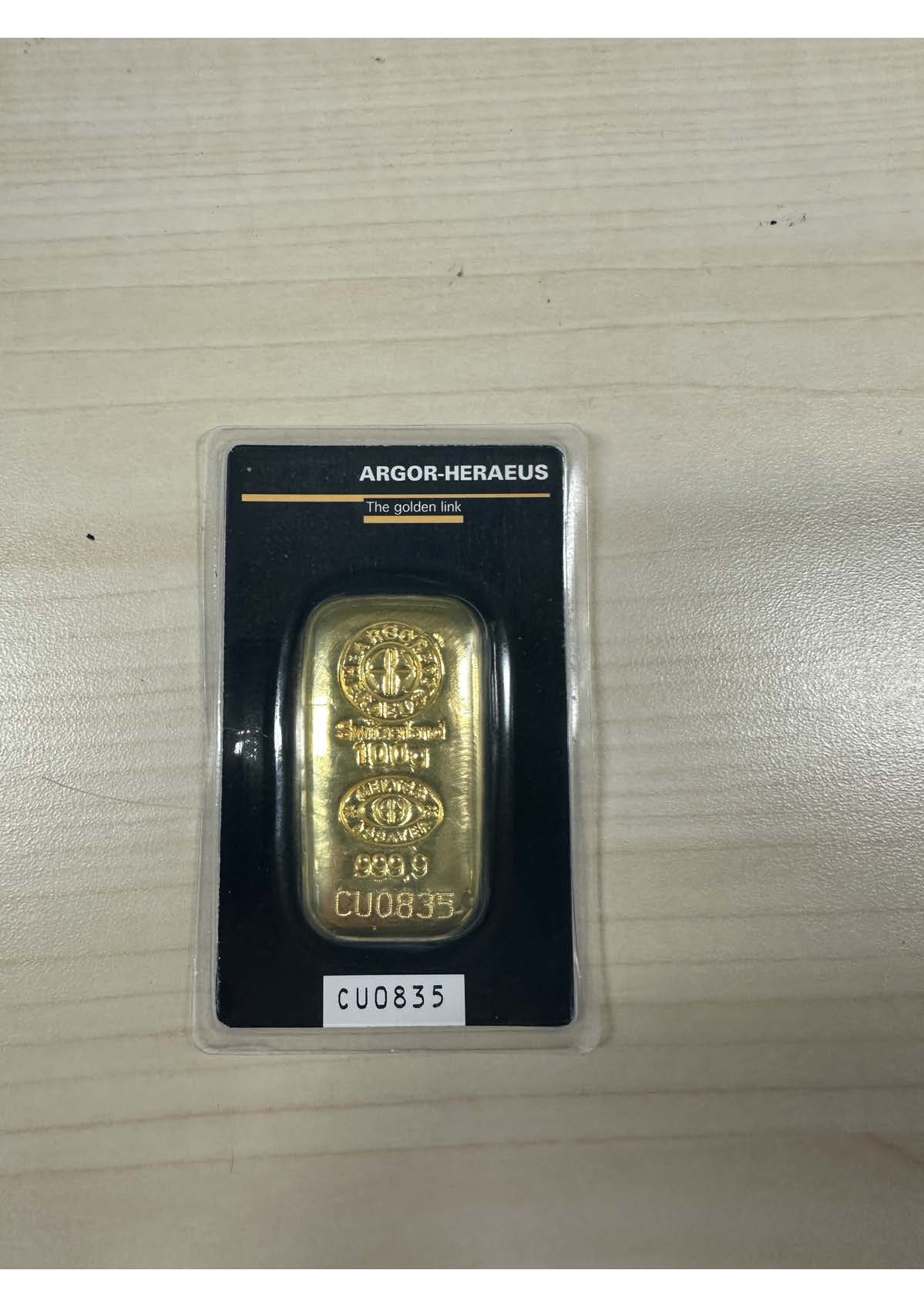 100g Argor-Heraeus cast gold bar in sealed assay card